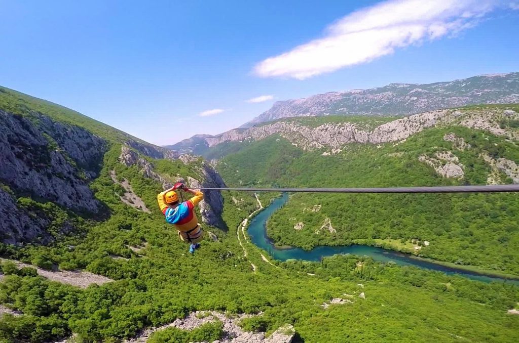 Zip-lining across the Cetina Gorge in Omis
